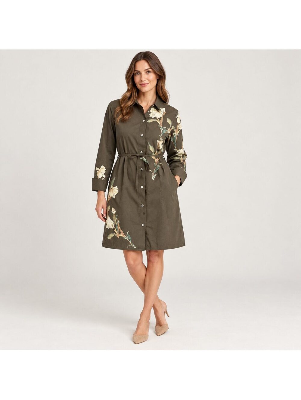 Vince Women's S/P Brown Floral Cotton Belted Button Front Shirt Dress